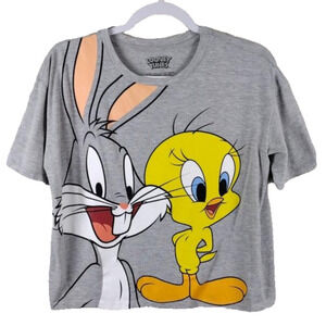 Looney Tunes Bugs Bunny and Tweety Bird Gray Short Sleeve Cropped Tee Shirt Top